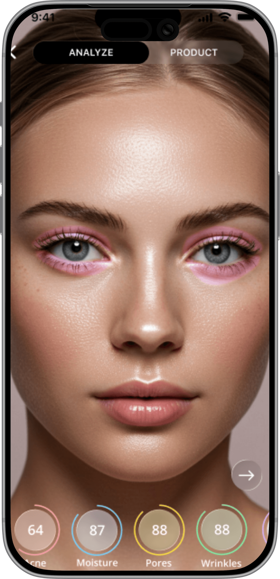 Face positioned inside a skincare scan frame