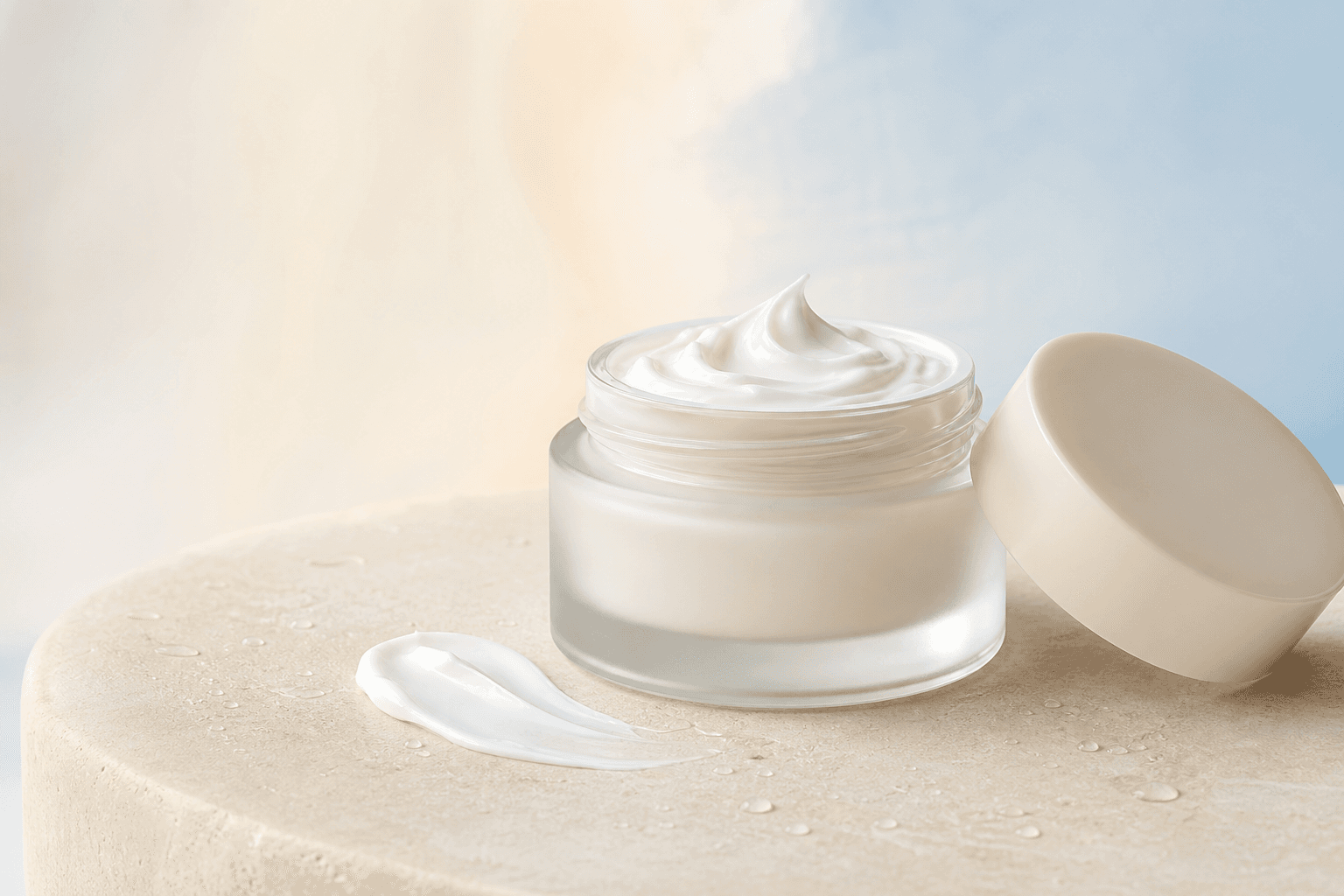 Realistic glass moisturizer jar with visible cream texture and matching lid