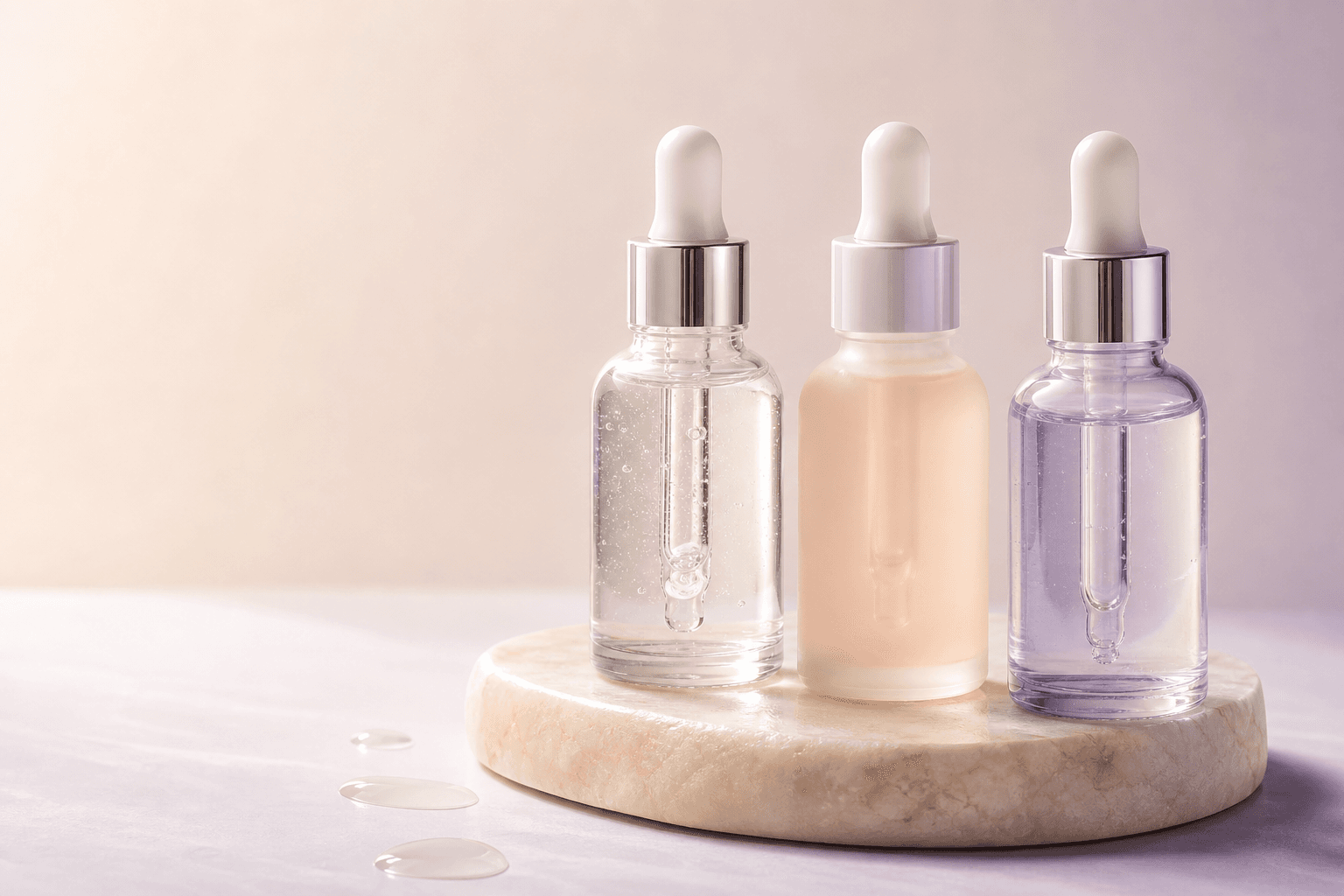Three realistic glass dropper serum bottles on an ivory and lilac background