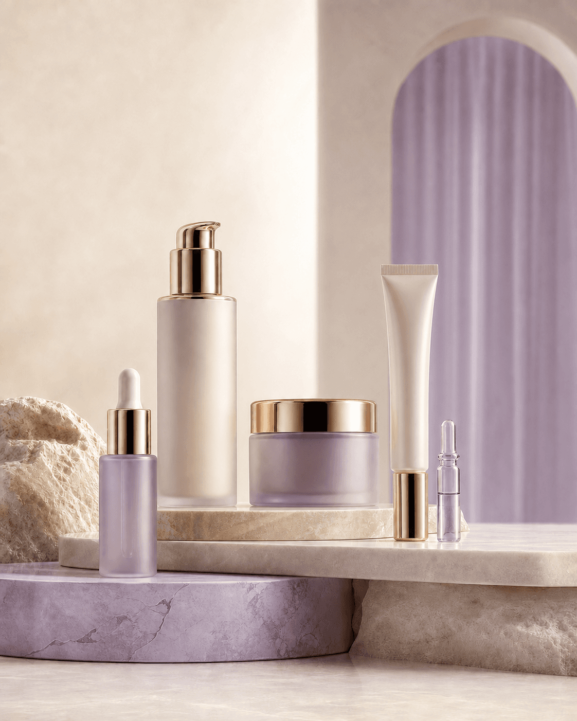 A curated collection of premium skincare packaging on ivory and lavender stone plinths