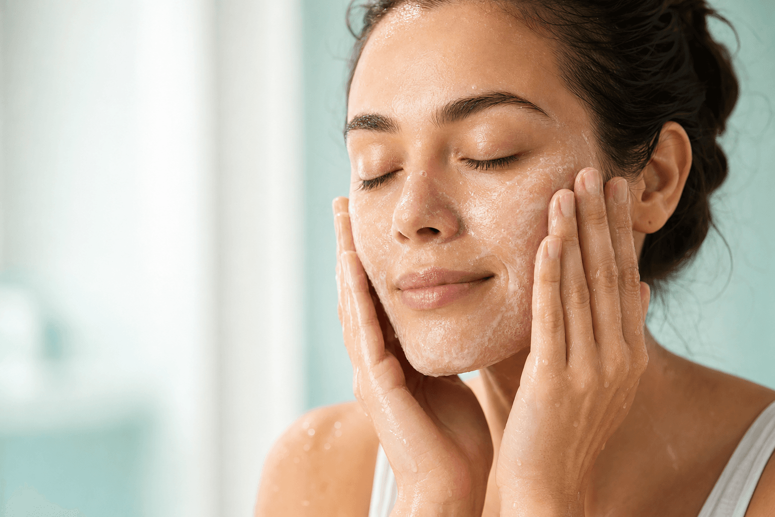 Woman with natural skin texture gently cleansing her face with fingertips
